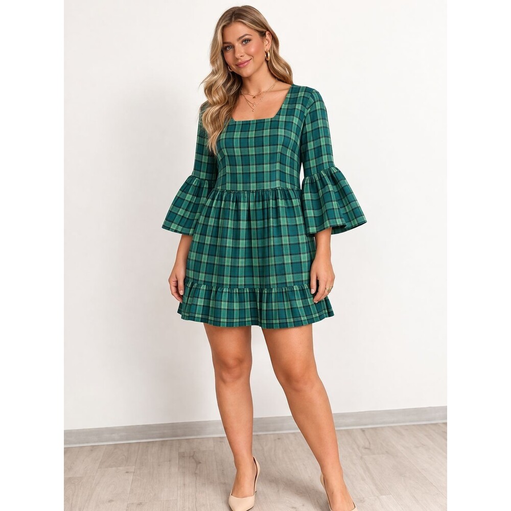 IVY CITY CO Clara Dress New Plaid 10 Green Tiered Ruffle Square Neck Bell Sleeve